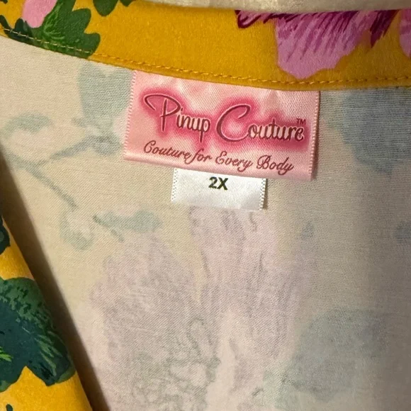 Pinup Couture Yellow and Purple Floral 3/4 Sleeve Dress - Picture 6 of 8